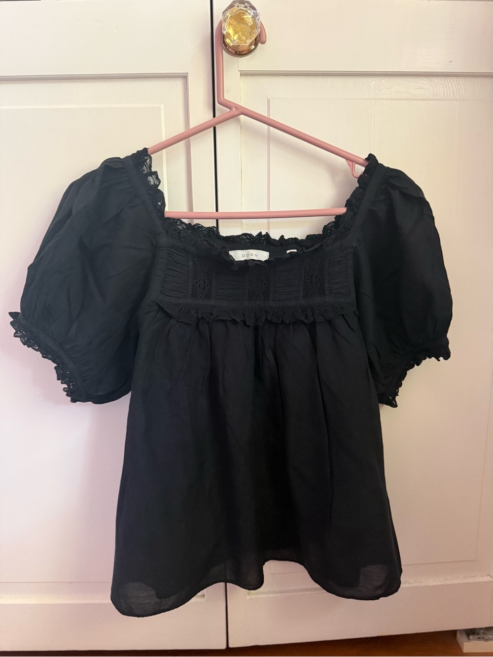 Doen Frances Black Lace-Trim Square Neck Puff Sleeve Blouse - Picture 5 of 7